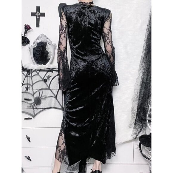 Contrast Lace Long Sleeve Split Dress Black Goth Vintage Dresses Clothes - Picture 3 of 8
